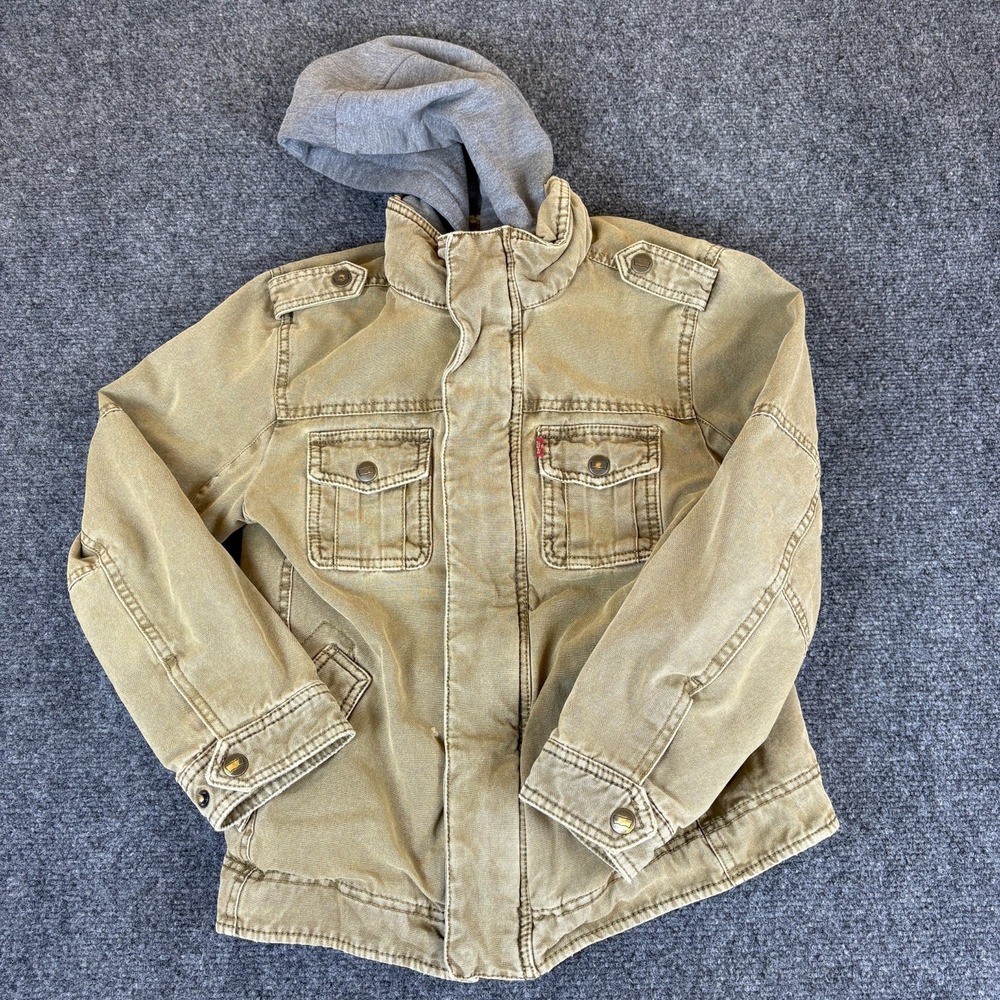 Levi's Canvas Military Jacket Kids Small 8-10 Khaki Sherpa Lined Cotton Hooded